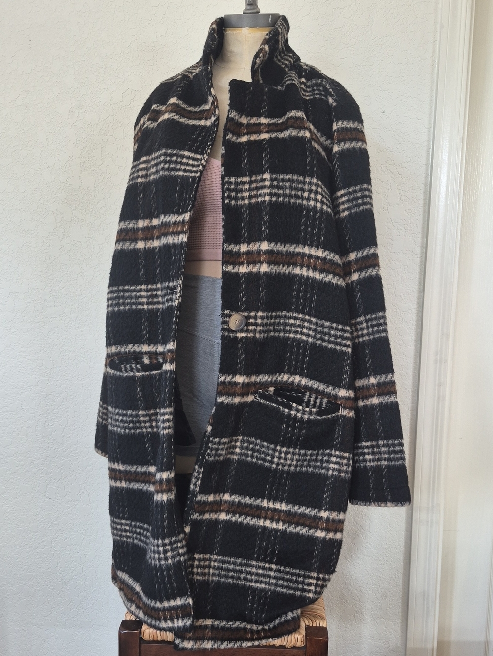 Dip Long Textured Plaid Coat Sz Xlarge